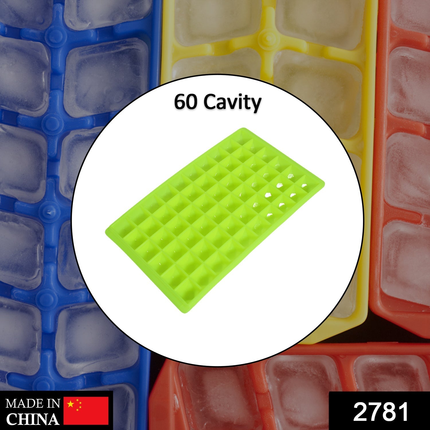 The flexible 60-cavity plastic ice cube mold filled with water, ready for freezing.