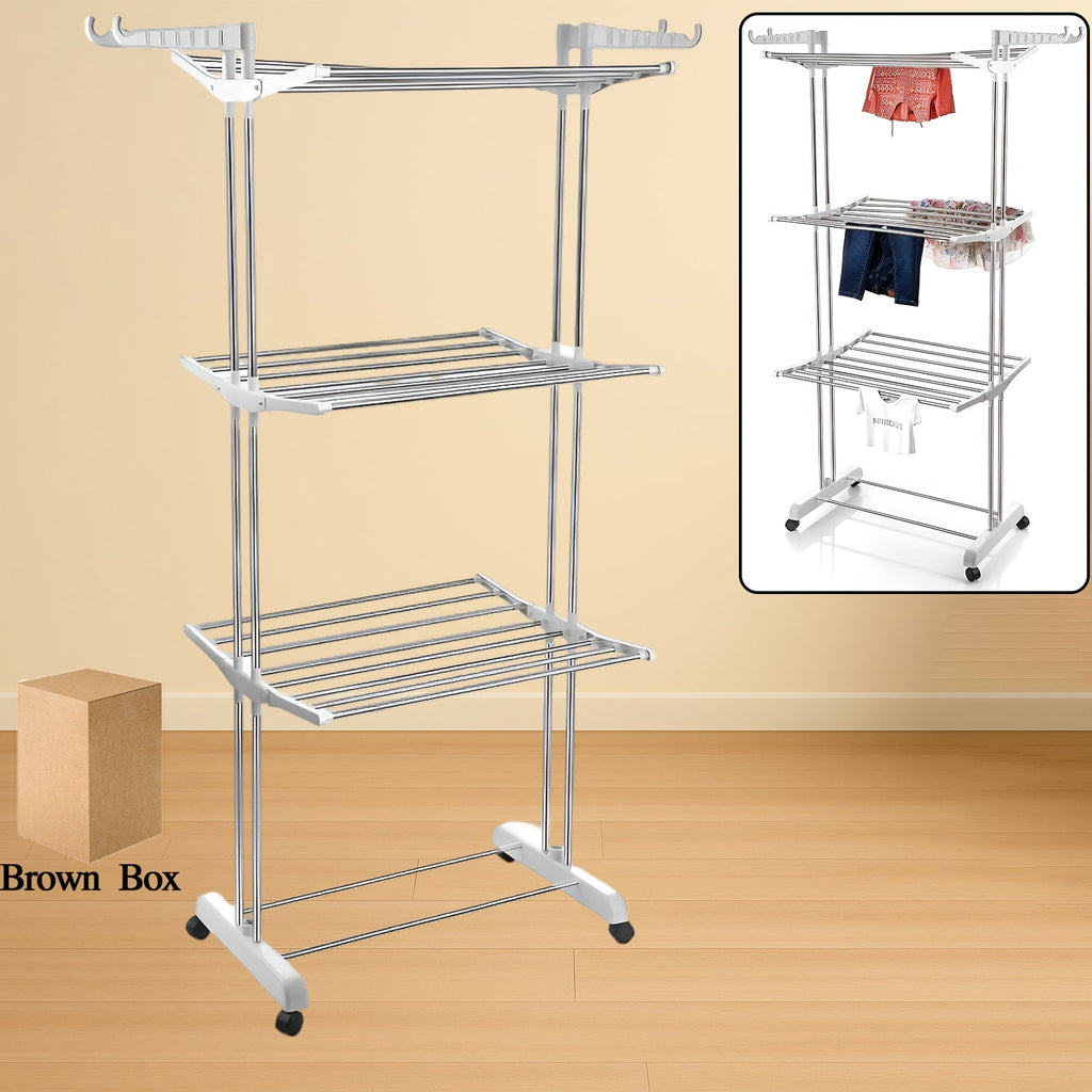 3-tier foldable Cloth Drying Stand in stainless steel with wheels, shown open for use.