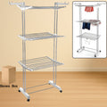 3-tier foldable Cloth Drying Stand in stainless steel with wheels, shown open for use.