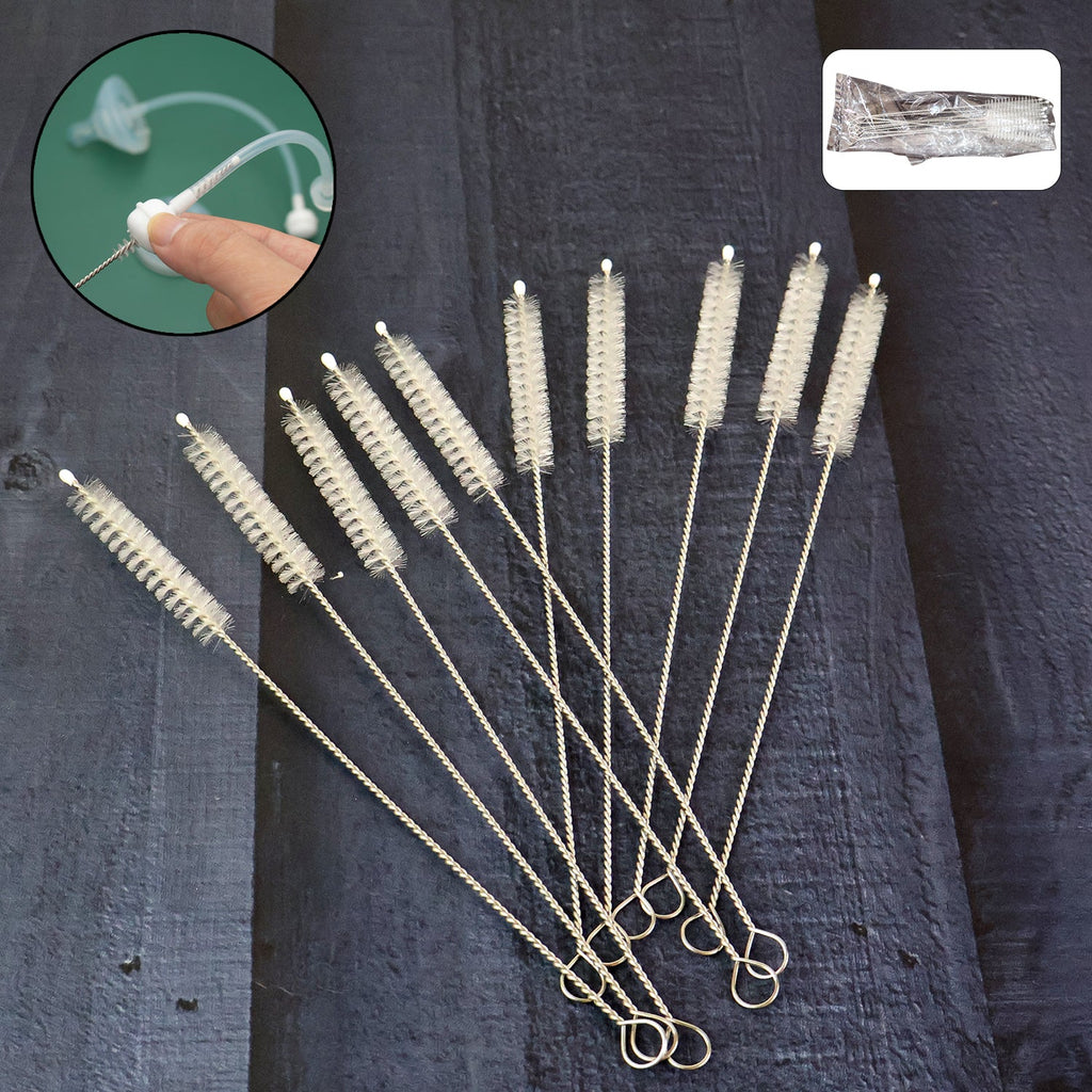 Set of 10 straw and bottle cleaning brushes with flexible wire handles and nylon bristles