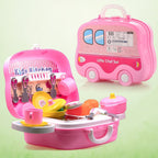 Happy children playing with the 23-piece portable kids kitchen play set
