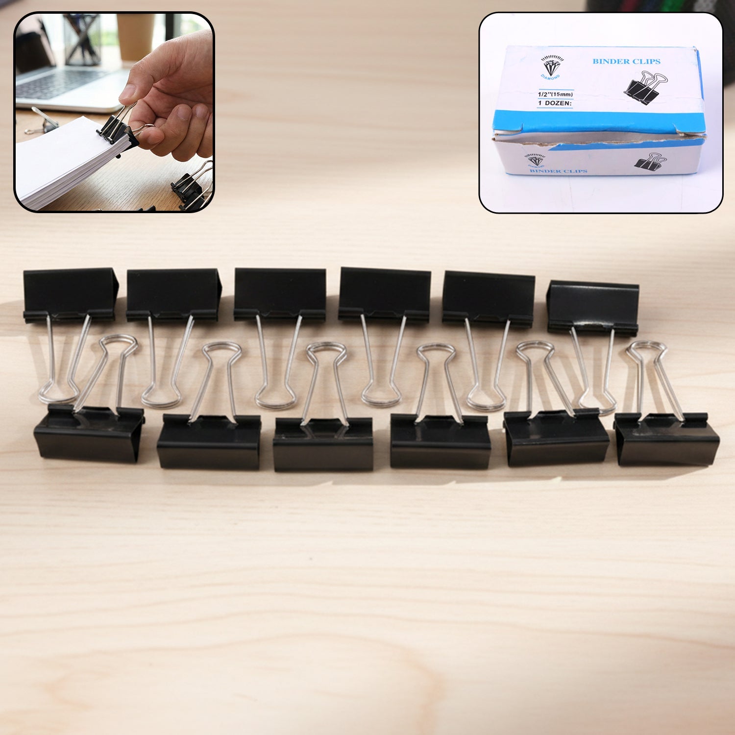 Set of 12 black metal binder clips for document holding