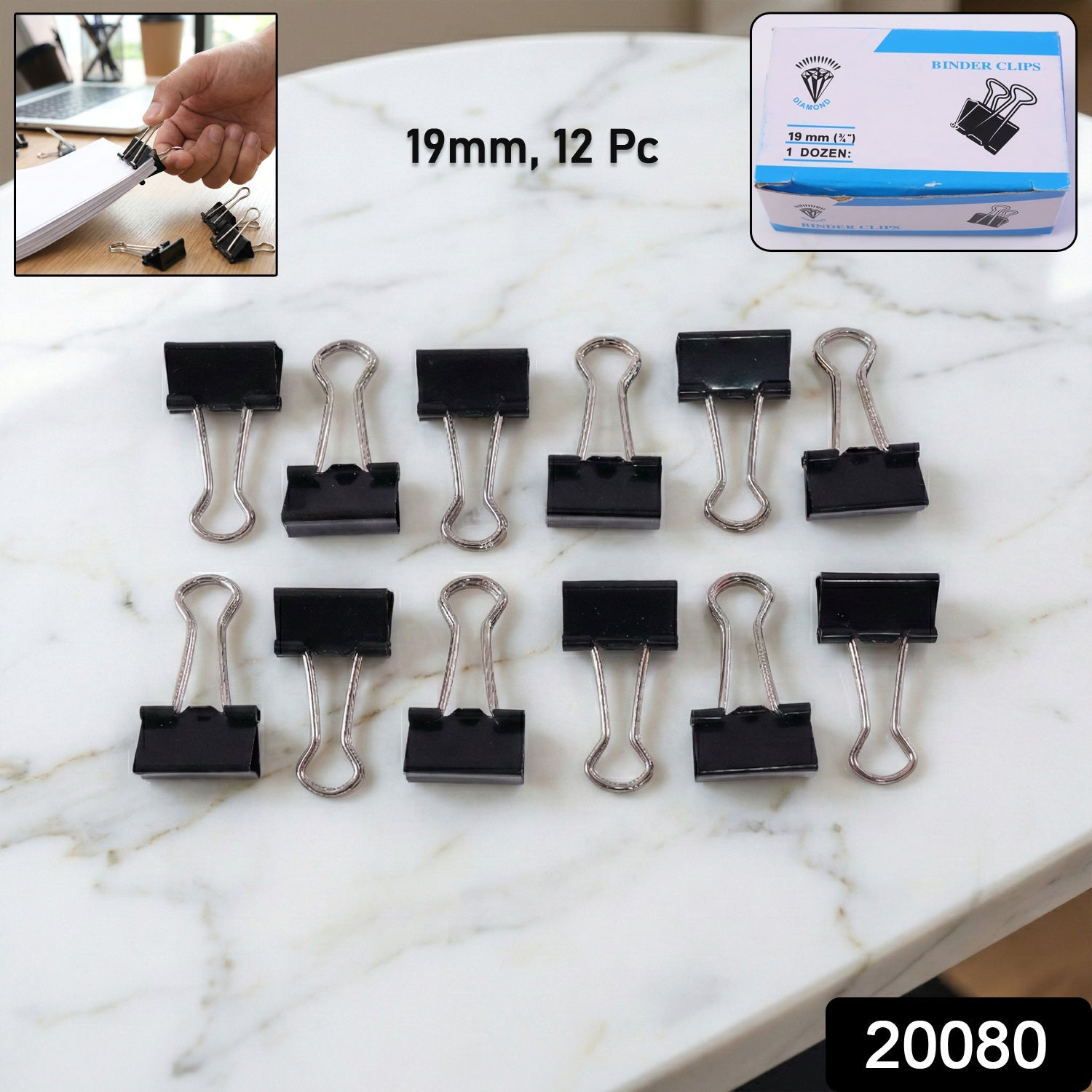 Set of 12 black metal binder clips 19mm on white background