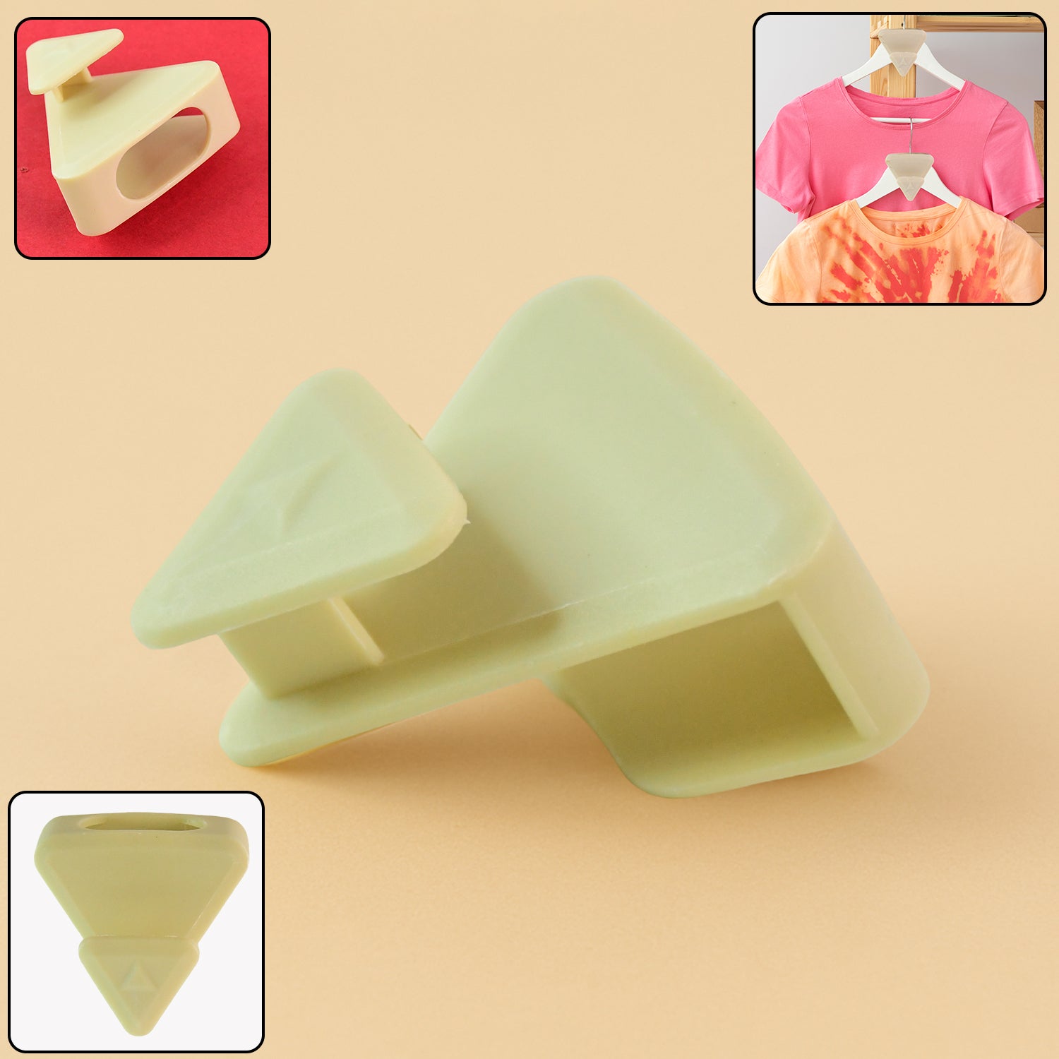 Plastic triangle hanger connector hook holding clothes vertically in closet