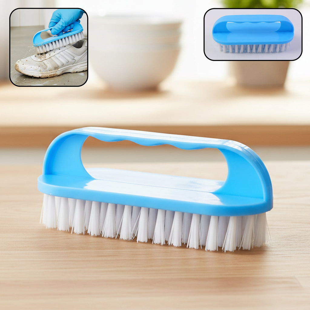 Handheld cleaning scrub brush with ergonomic handle and strong bristles for heavy-duty use.