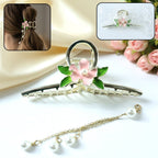 Elegant floral pearl hair claw clip with decorative chain