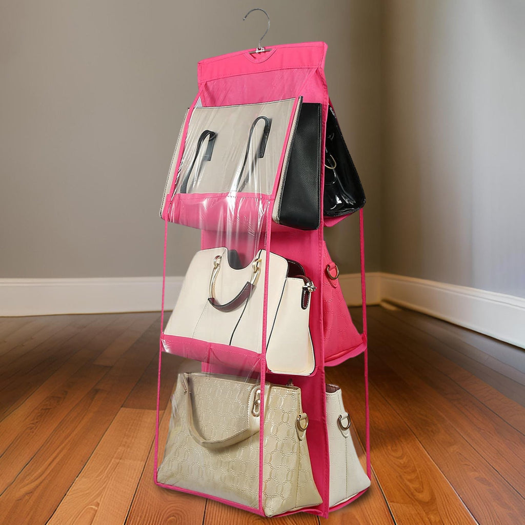 Clear 6-pocket hanging purse organizer showcasing multiple handbags.