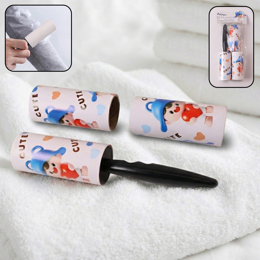 Reusable sticky lint roller set with handle and two refill adhesive rolls
