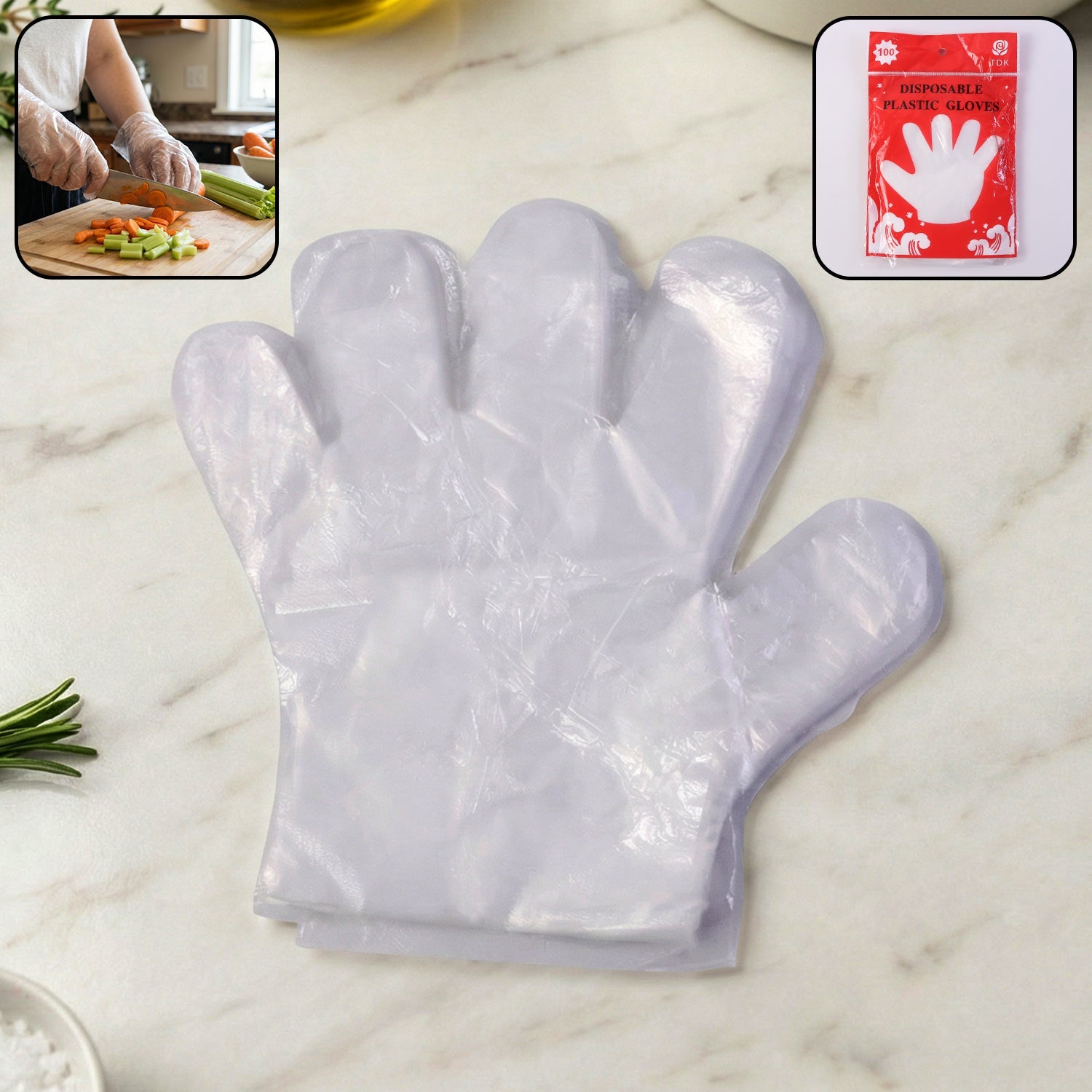 Pack of 100 disposable transparent plastic gloves for food safety and cleaning