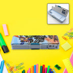 Front view of the magnetic pencil box, highlighting its sharpener and calculator.
