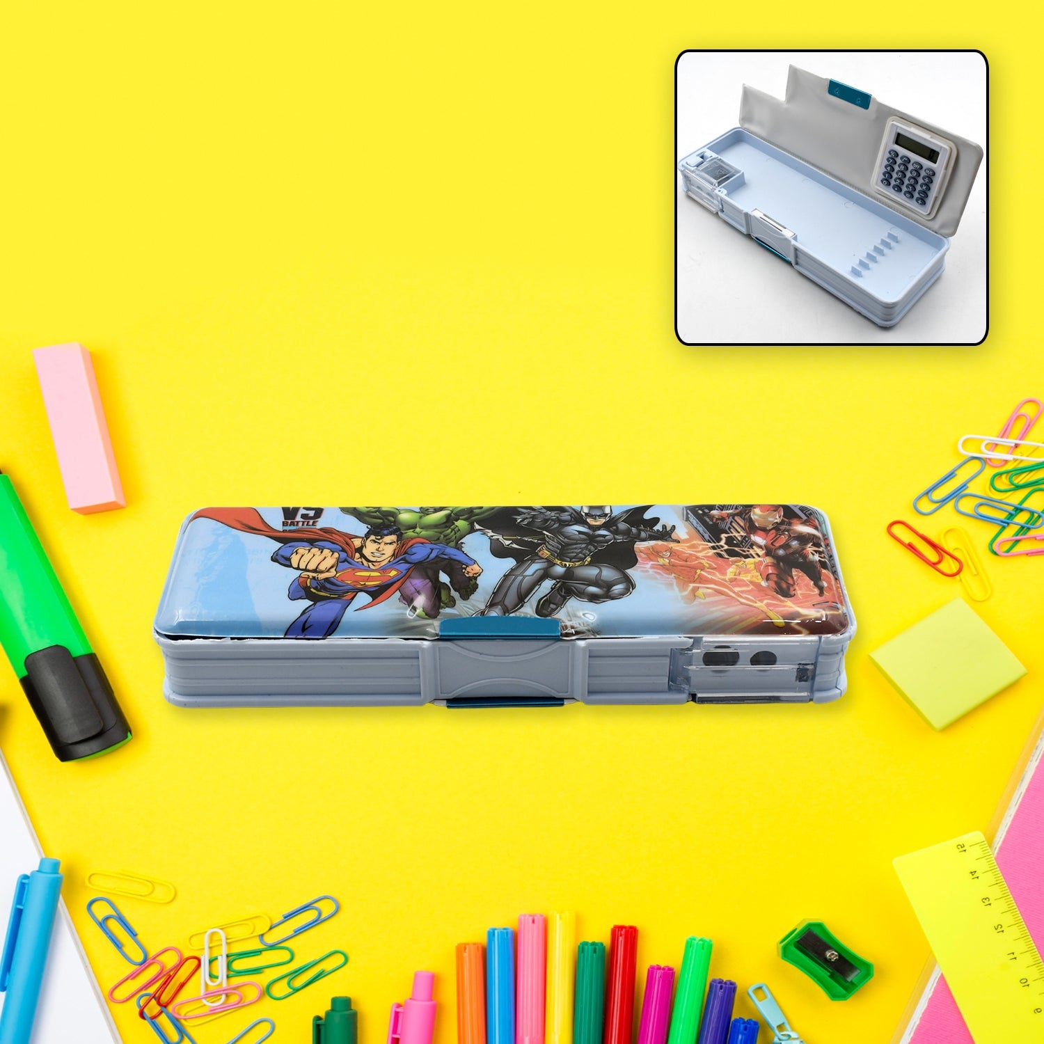 Front view of the magnetic pencil box, highlighting its sharpener and calculator.