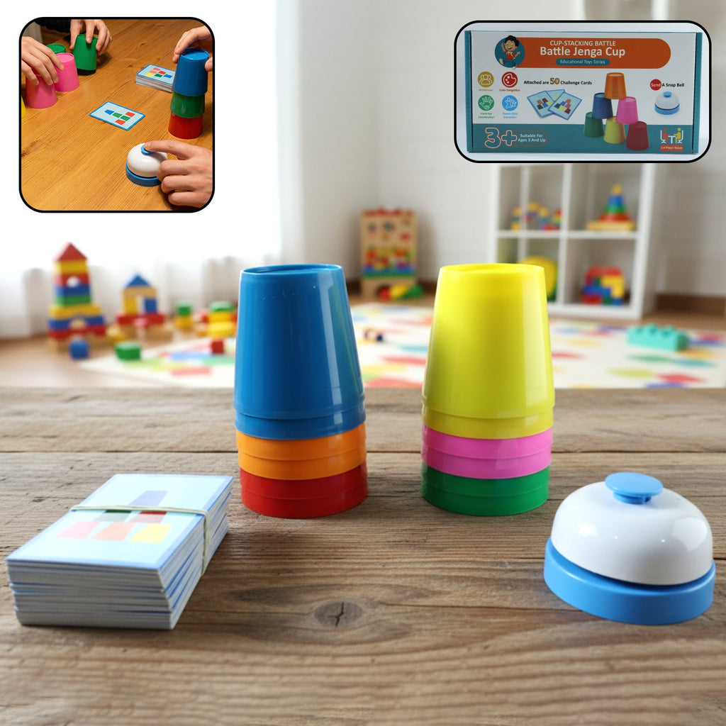 Cup Stacking Game Set featuring colorful cups and bell for kids