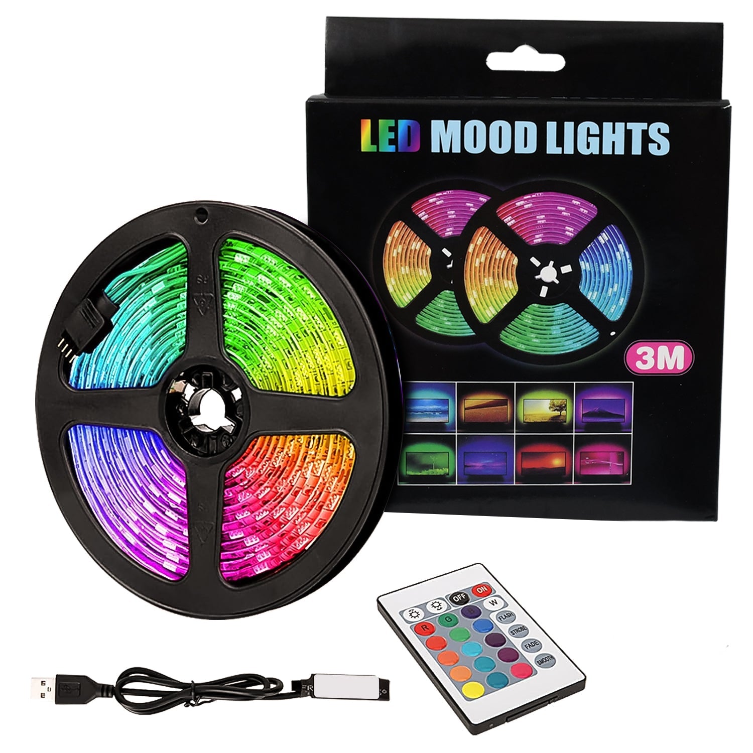 A remote control for the RGB LED strip lights, showing colour selection buttons.
