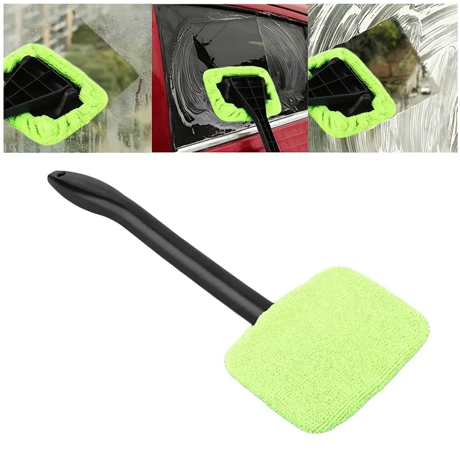 Close-up of the reusable microfiber cloth on the car windshield cleaning tool.