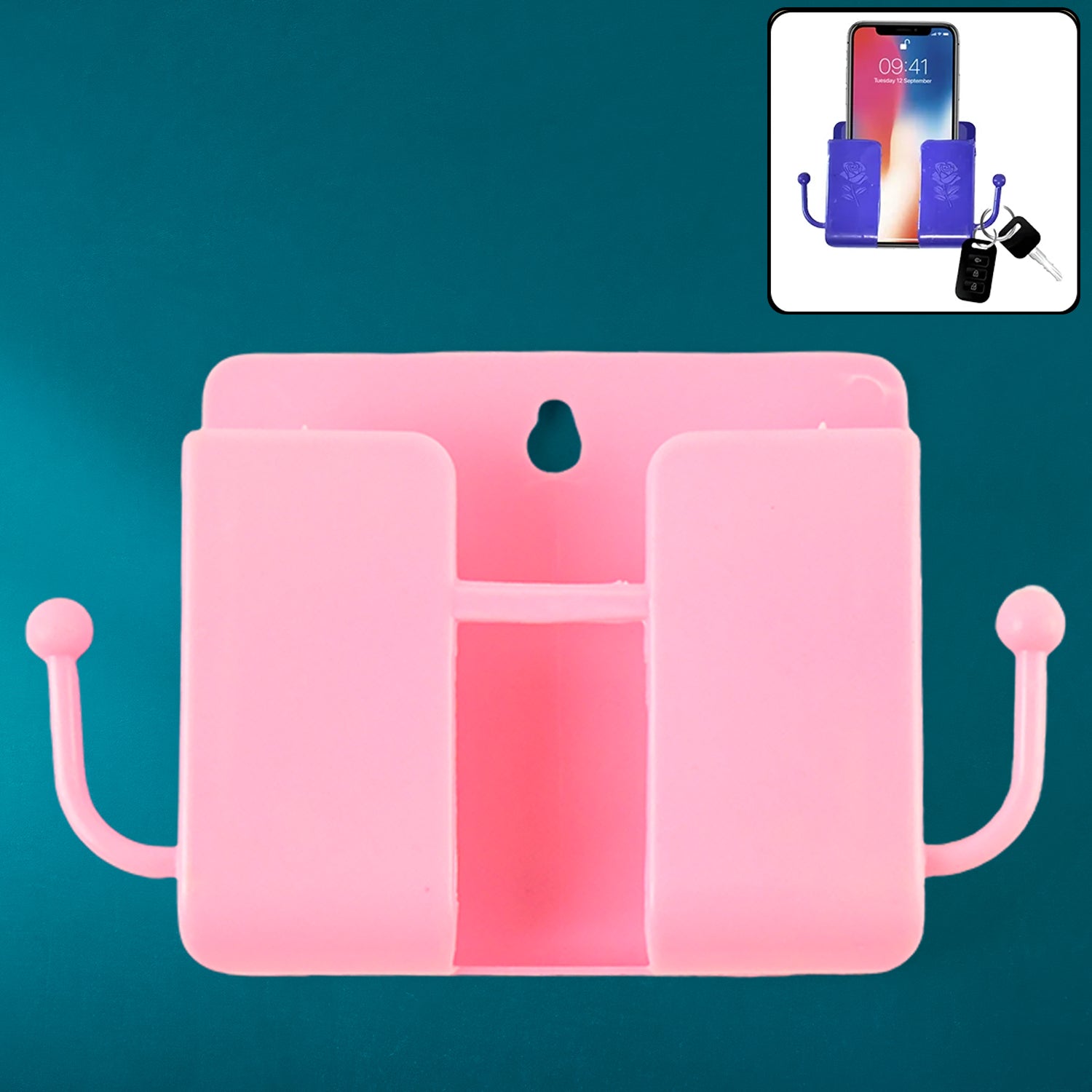 Blue wall mount mobile stand with hook for phone and small items