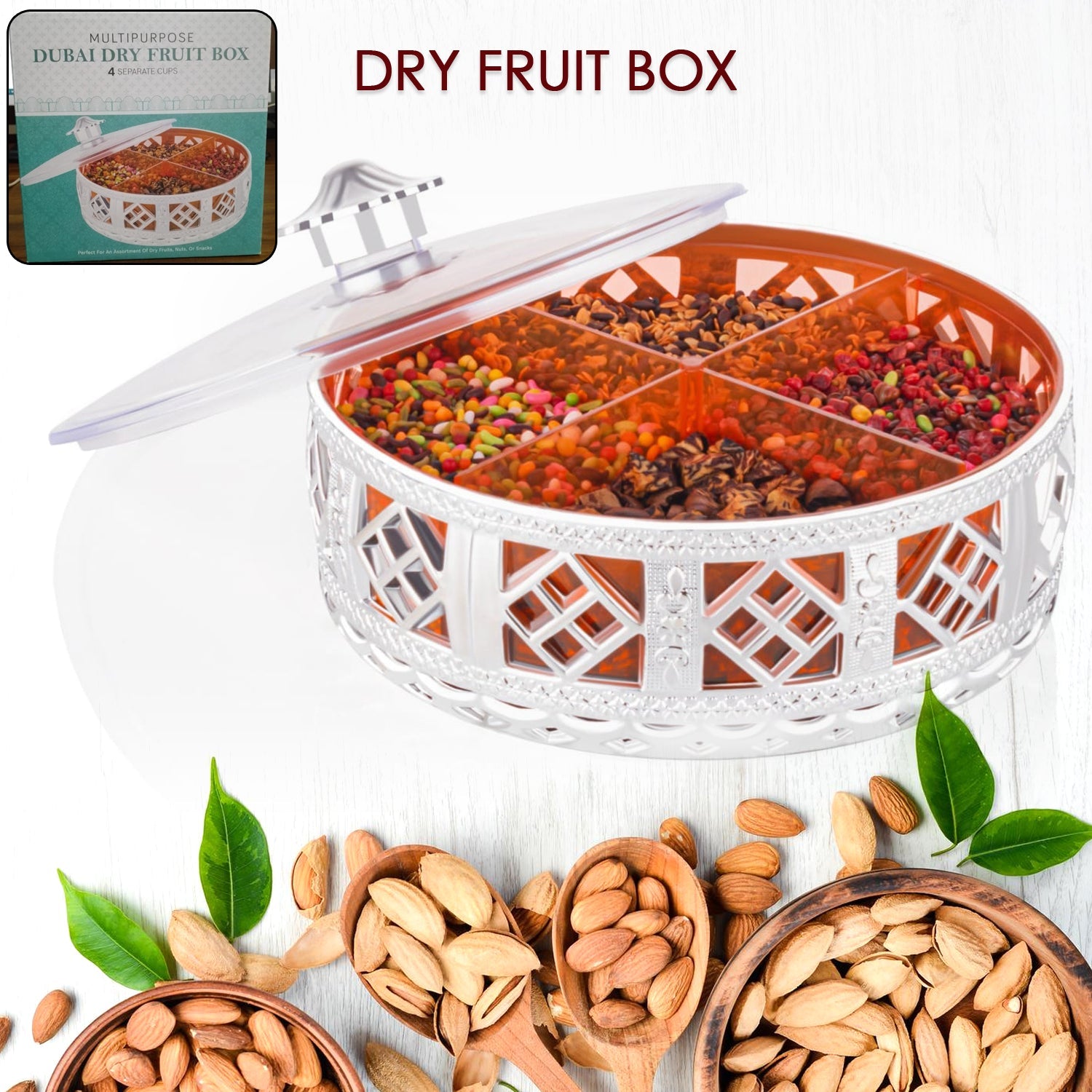 Top-down view of a round silver dry fruit gift box with four sections.