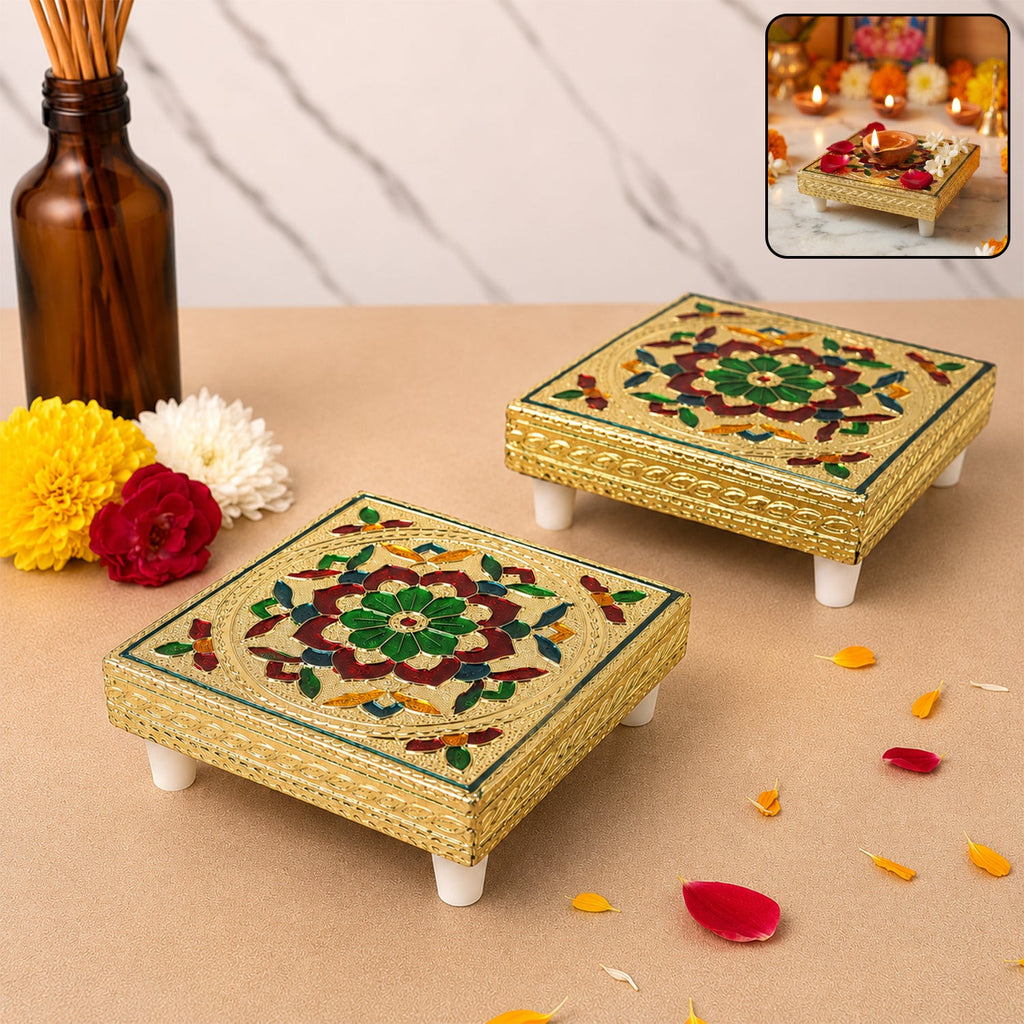 A vibrant multicoloured wooden pooja chowki, handcrafted with traditional Indian designs, displayed on a white background.