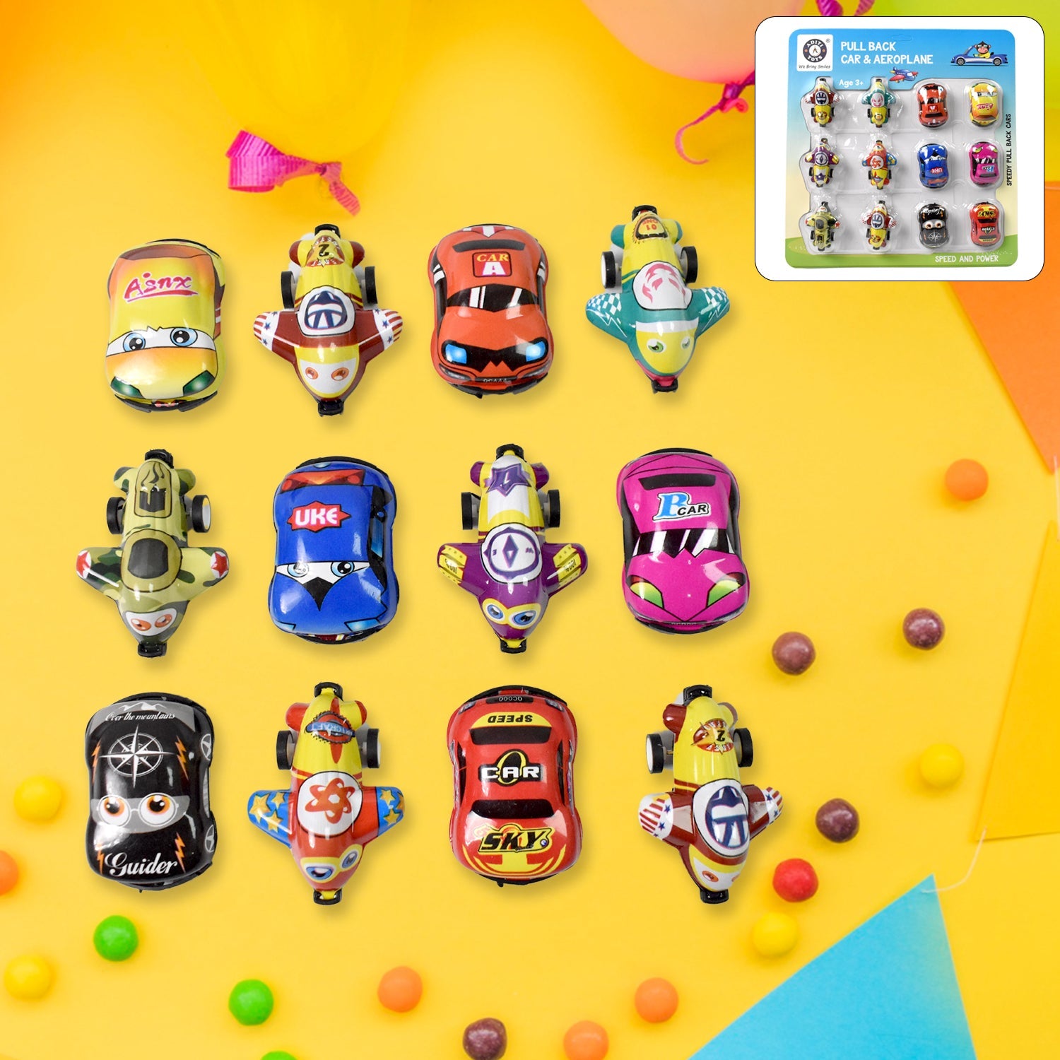 12-piece mini pull back car toy set displayed for kids.