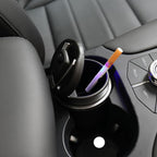 Portable car ashtray with secure lid and glowing blue LED light