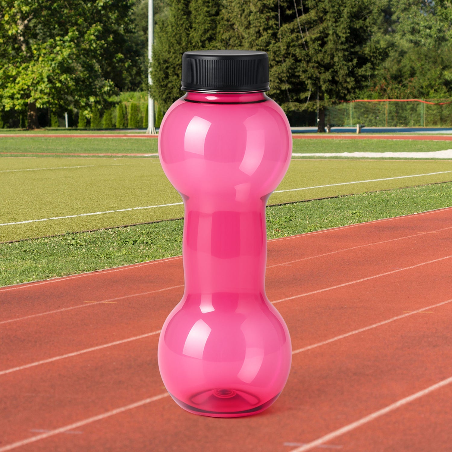 FitFuzion 550ml pink dumbbell water bottle for hydration and light fitness.
