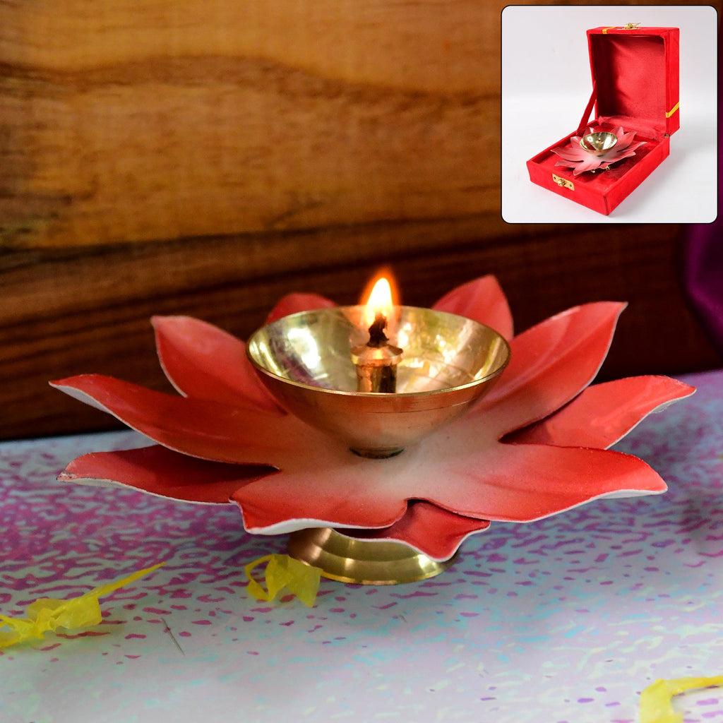 Brass Lotus Oil Diya with decorative petal base placed on table