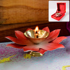 Brass Lotus Oil Diya with decorative petal base placed on table