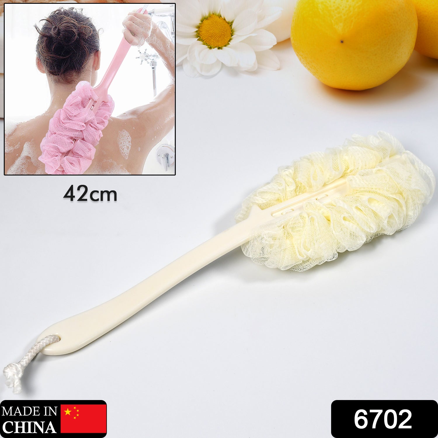 Close-up of the soft nylon mesh on the back scrubber for gentle exfoliation.