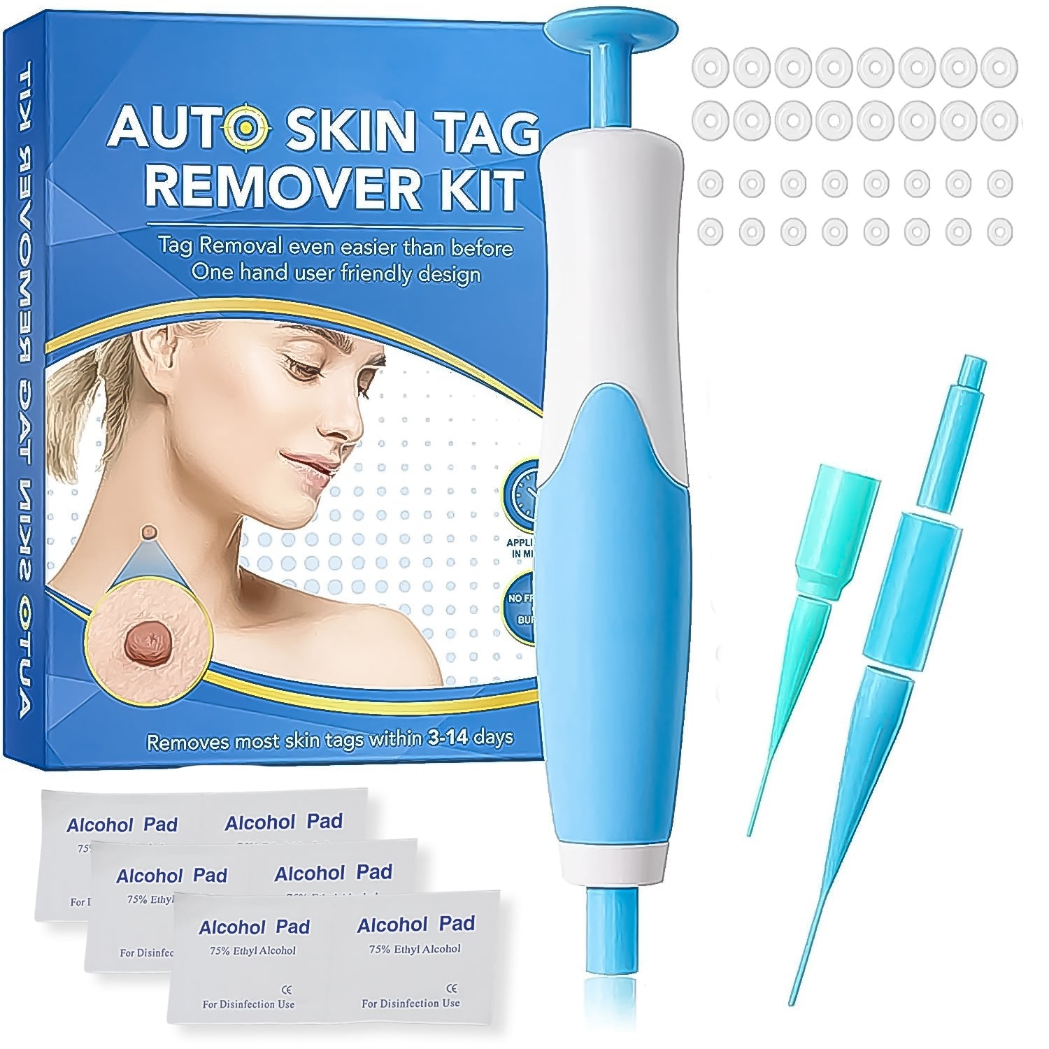Arrive Kit Skin Tag Remover Kit components neatly displayed with packaging for at-home use.