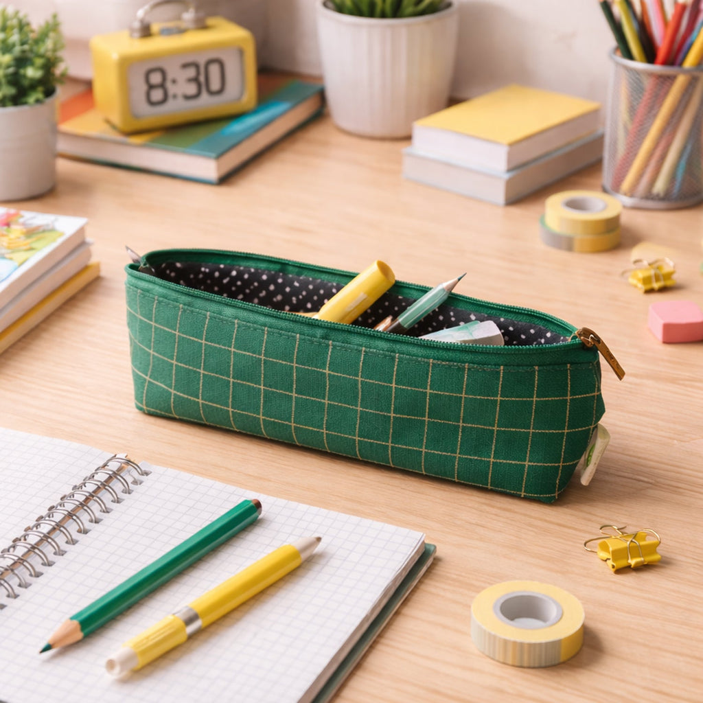 Front view of the green grid printed pencil pouch with zipper closure.