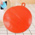 Red silicone dish scrubber for gentle non-stick cleaning