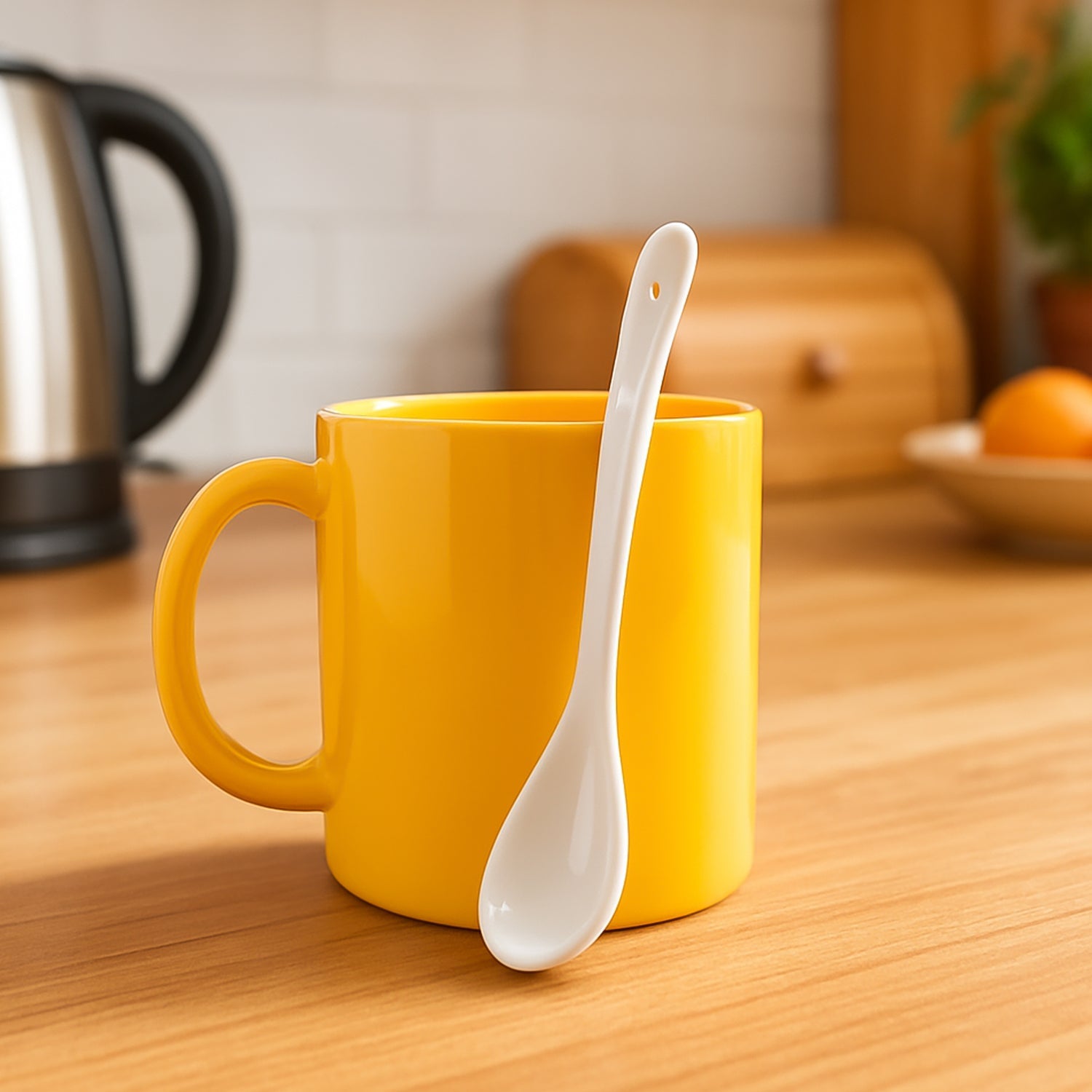 Plastic mug with a glossy finish and matching spoon for tea and coffee