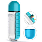 Top-down view of the 600ml travel water bottle showing the integrated pill organizer.