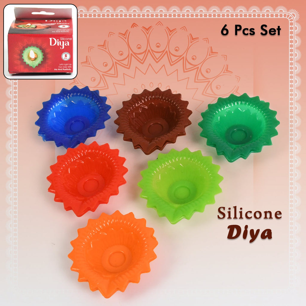 Top-down view of the attractive silicone diya set in varied colours, ready for Diwali.