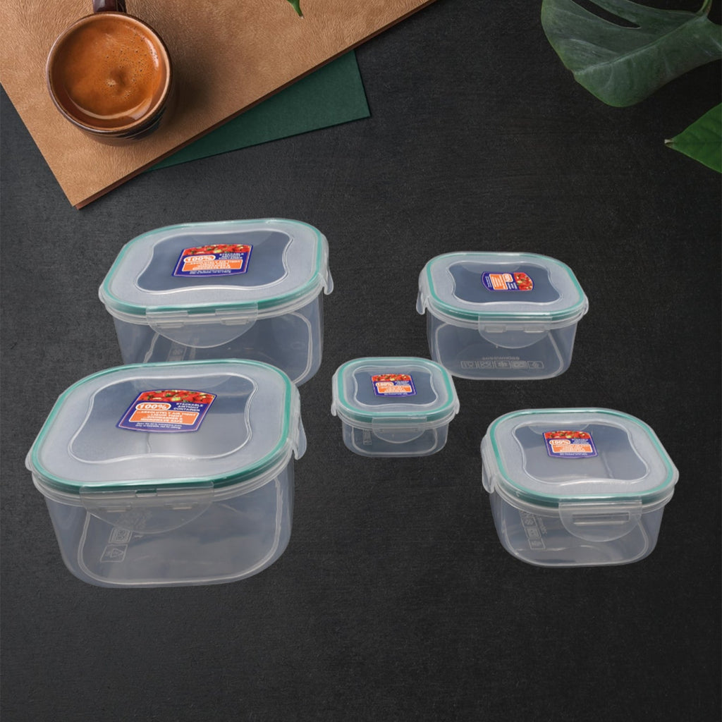 Front view of Tidy Table's 5-piece snap-seal kitchen container set.