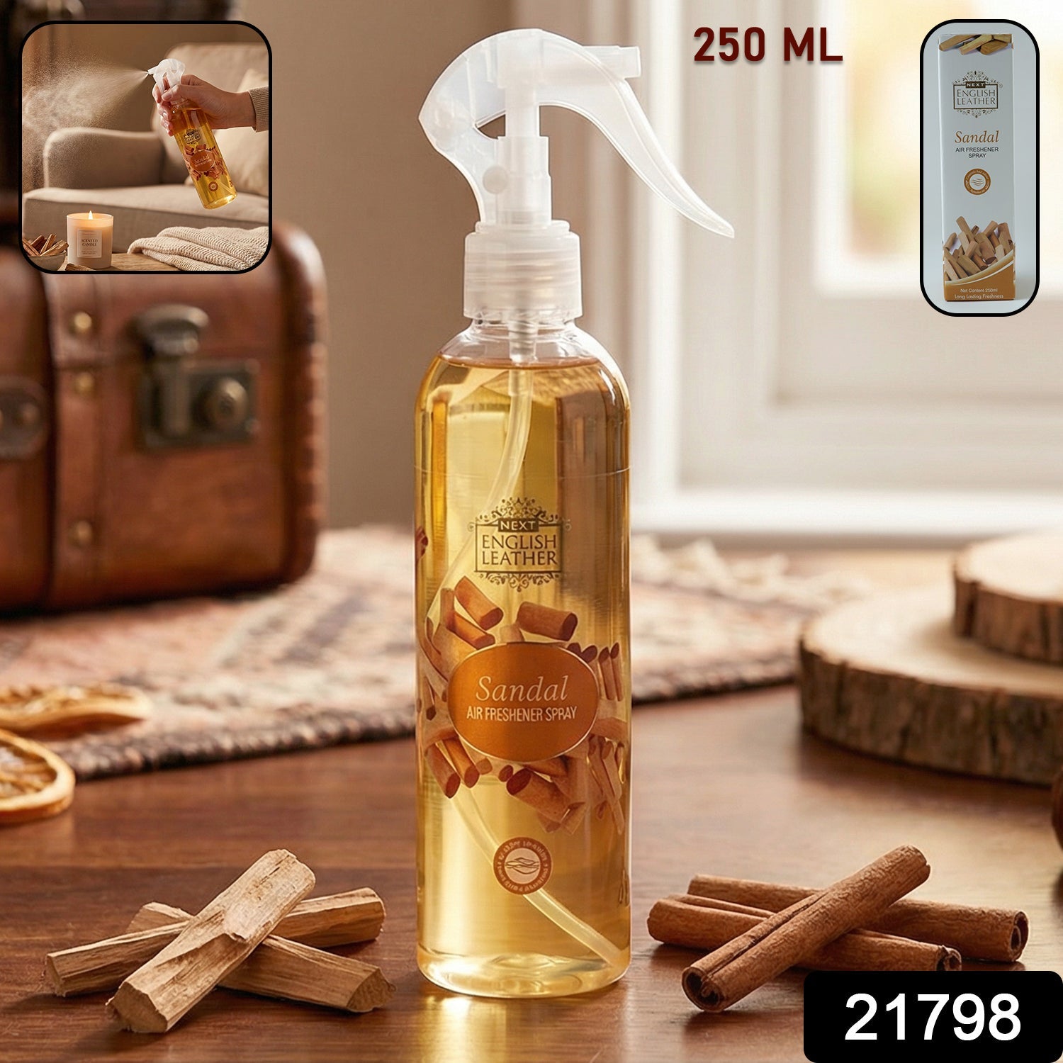 Bottle of sandal essence air freshener spray providing calming scent