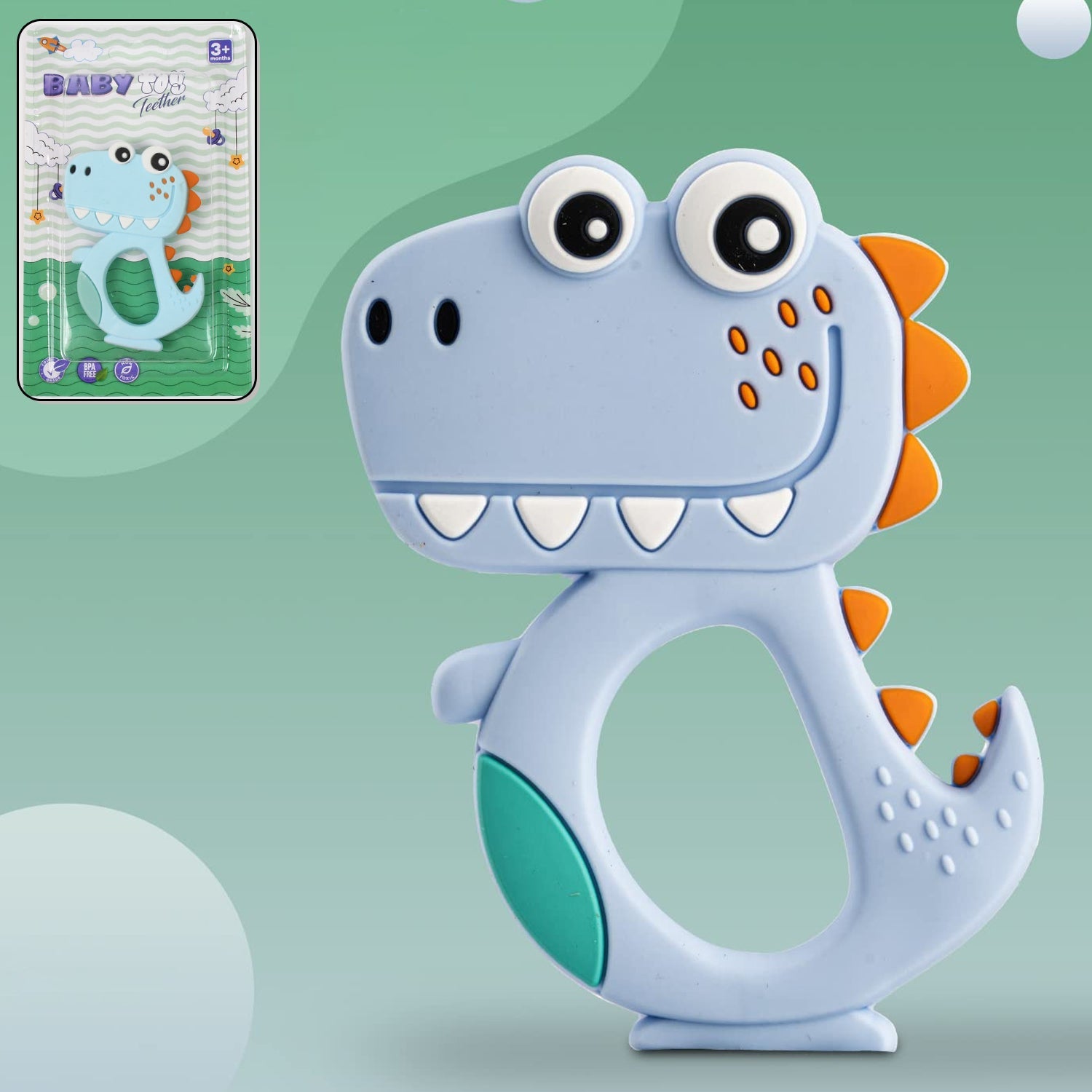 Soft silicone dinosaur teether designed for babies to soothe gums safely
