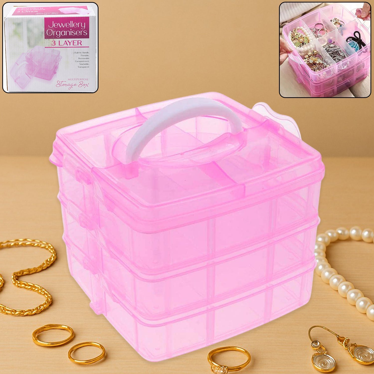 Clear 18-grid plastic organizer box with three layers and adjustable dividers.