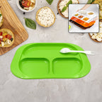 Healthy meal portions neatly arranged on a divided 3-compartment plate.