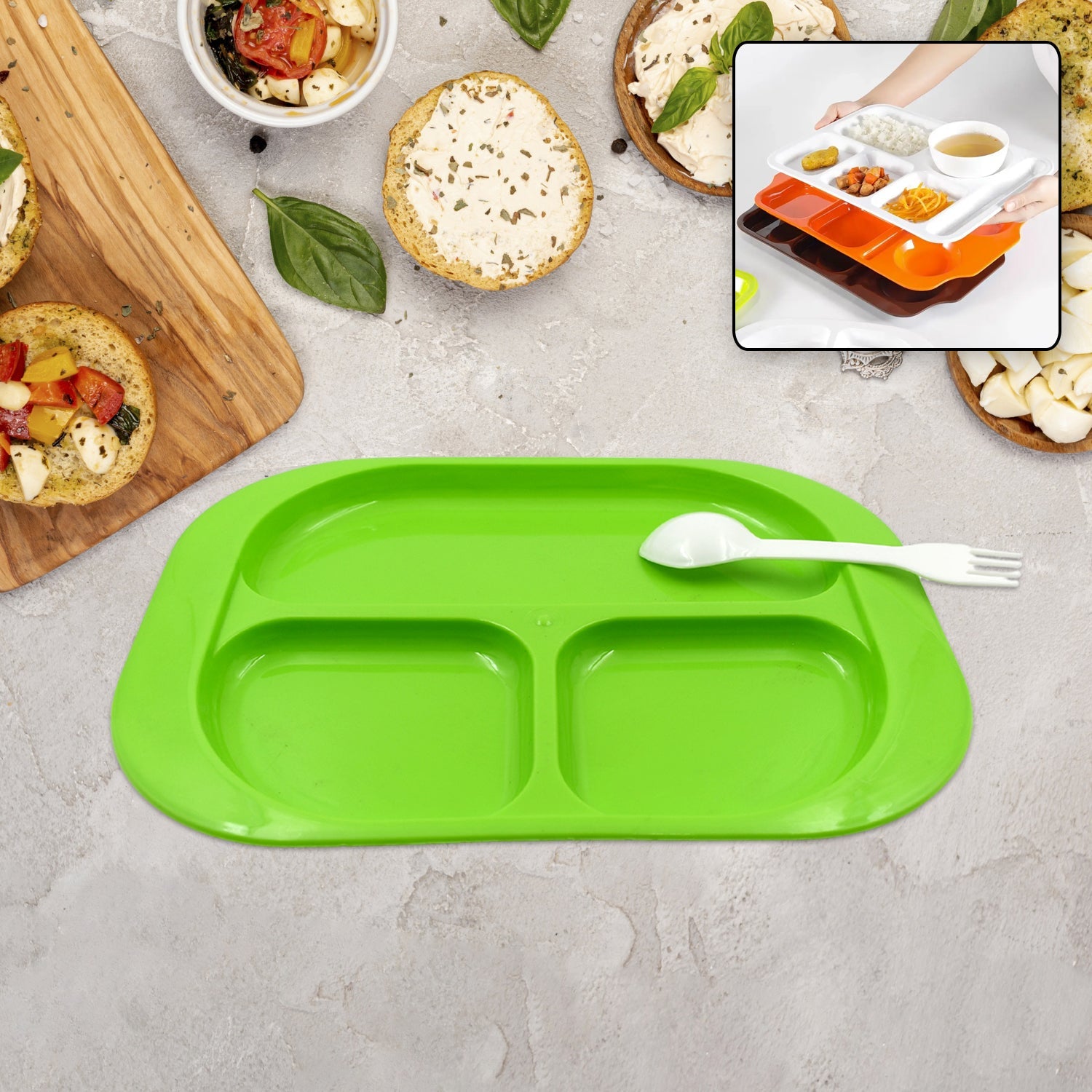 Healthy meal portions neatly arranged on a divided 3-compartment plate.