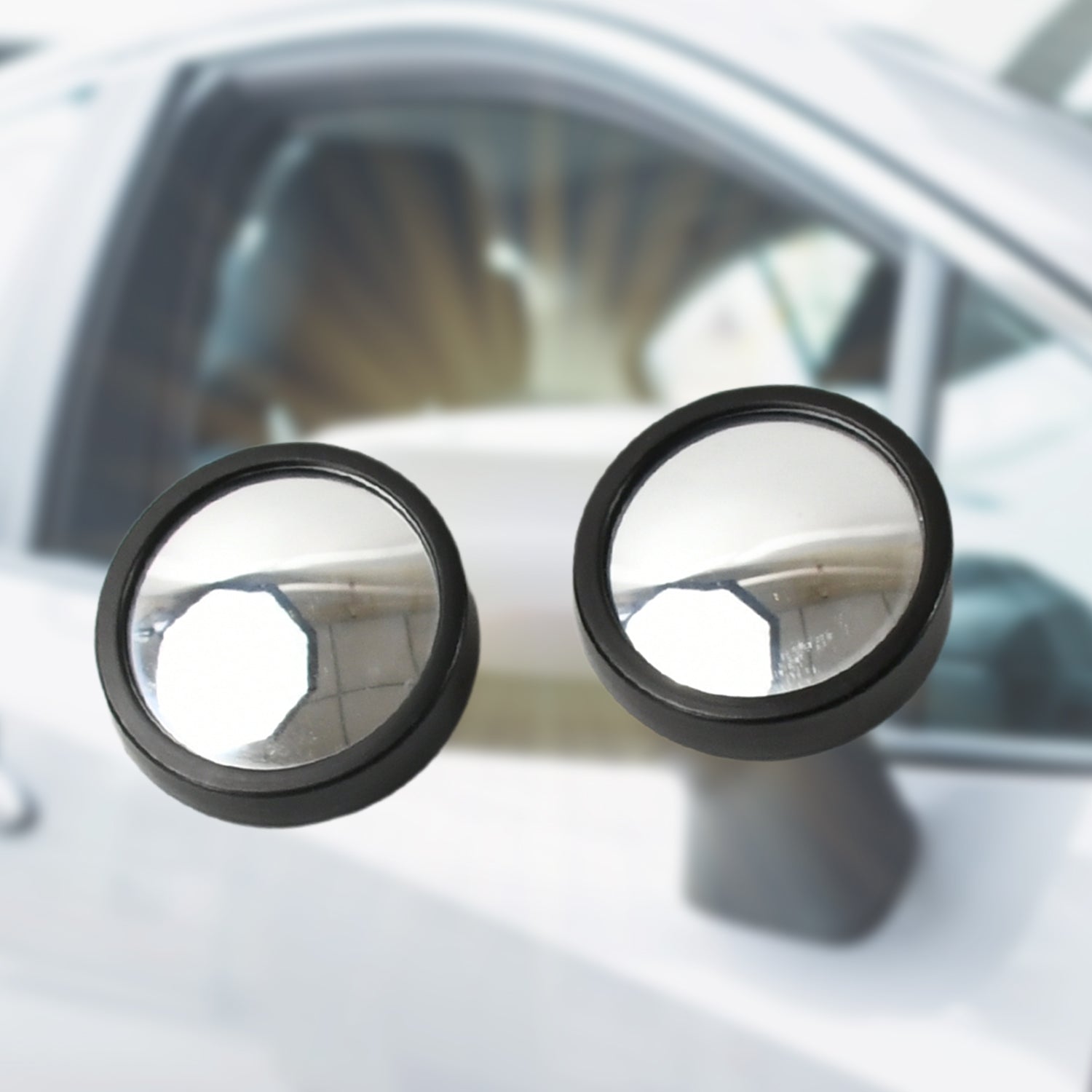 Set of two frameless car blind spot mirrors with strong 3M adhesive backing.