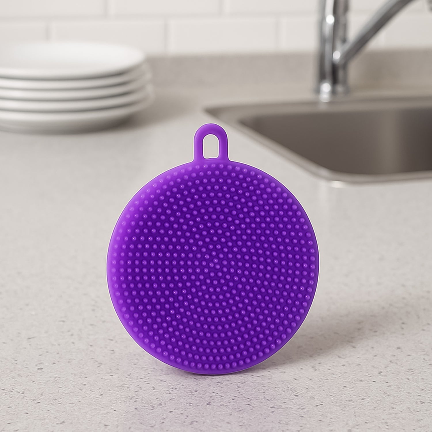 Flexible purple silicone dish scrubber pad for mild scrubbing