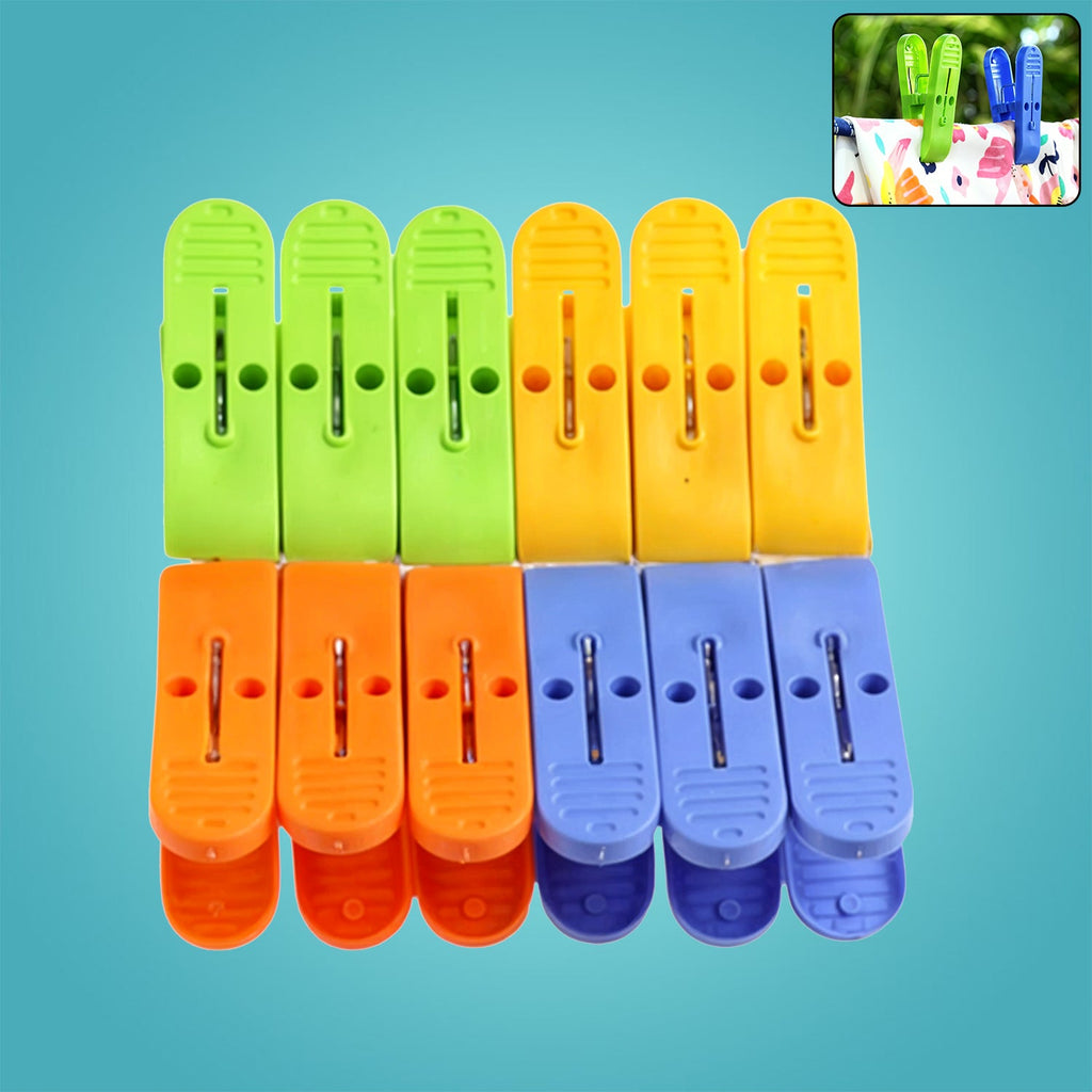 Set of 12 multicolor plastic laundry pegs for efficient clothes drying.