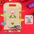 Wooden Ramp Racer playset with four vibrant mini cars and convenient handle.