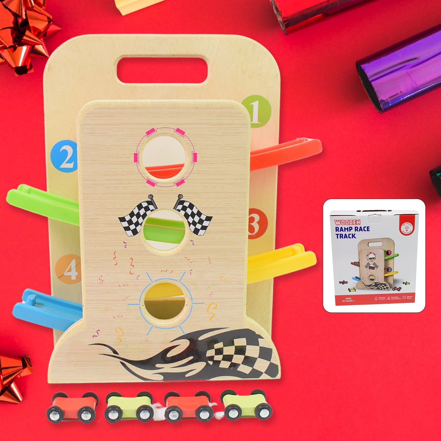 Wooden Ramp Racer playset with four vibrant mini cars and convenient handle.