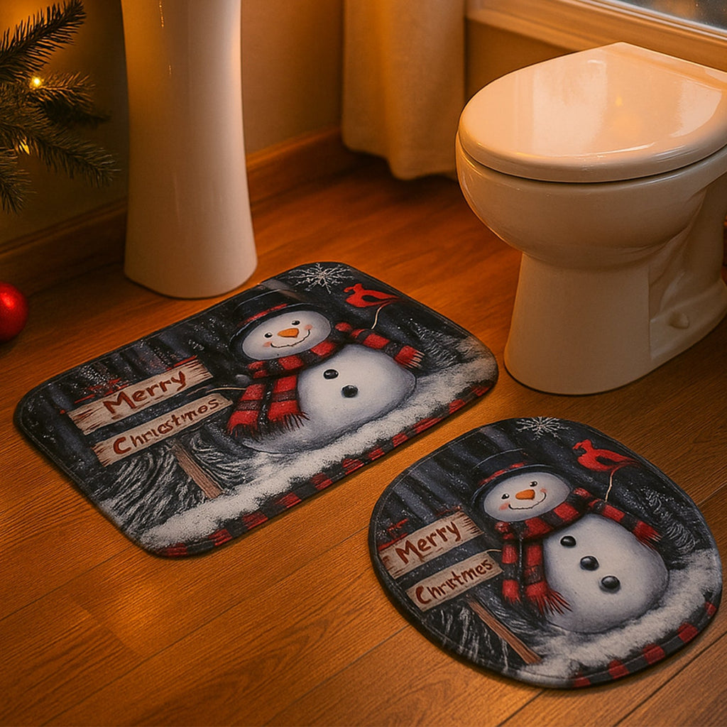 Durable edge piping on Christmas bath mat set maintains shape and quality