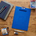 Blue plastic clipboard with secure metal clip for documents