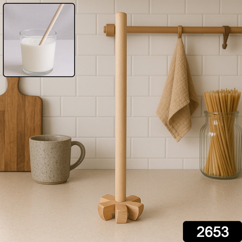 Close-up of the ergonomic handle of the wooden blender, showing comfortable grip.