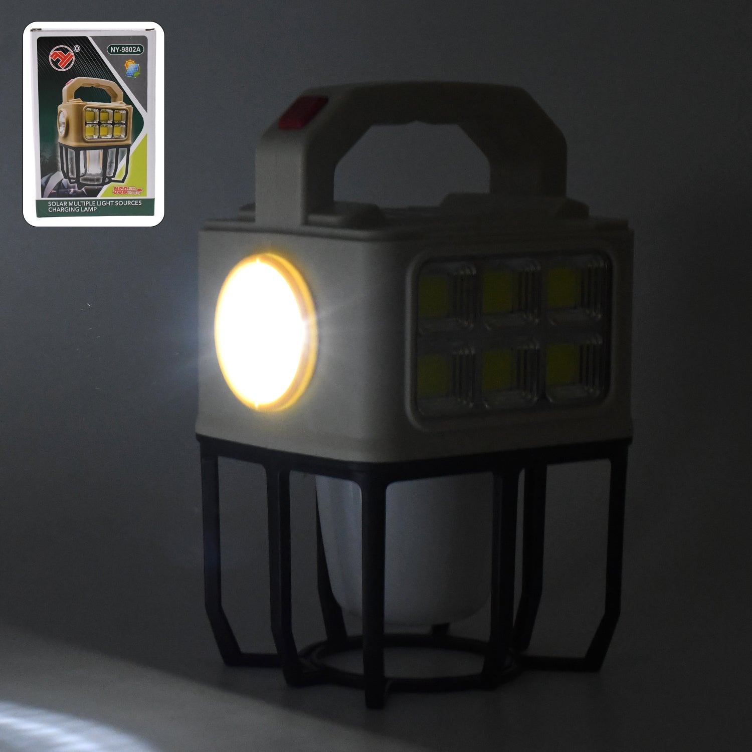 Sun beam from solar camping lantern emitting bright illumination