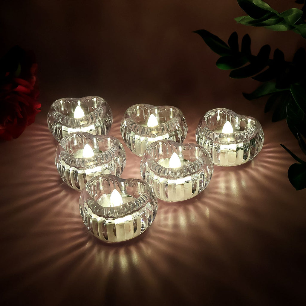 Set of 6 LED crystal tealight flameless candles in elegant holders