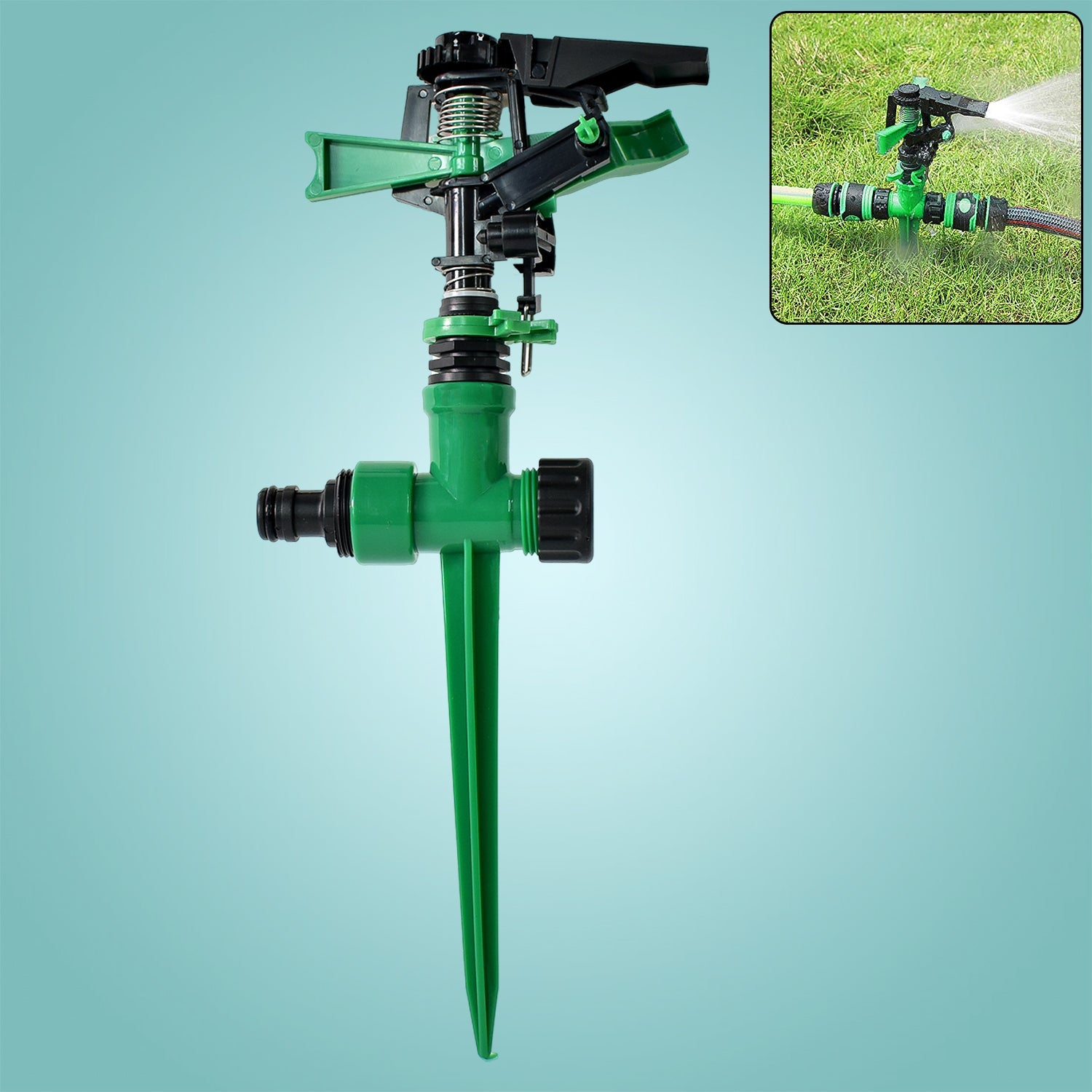 360-degree rotating garden impact sprinkler with spike base for wide lawn irrigation